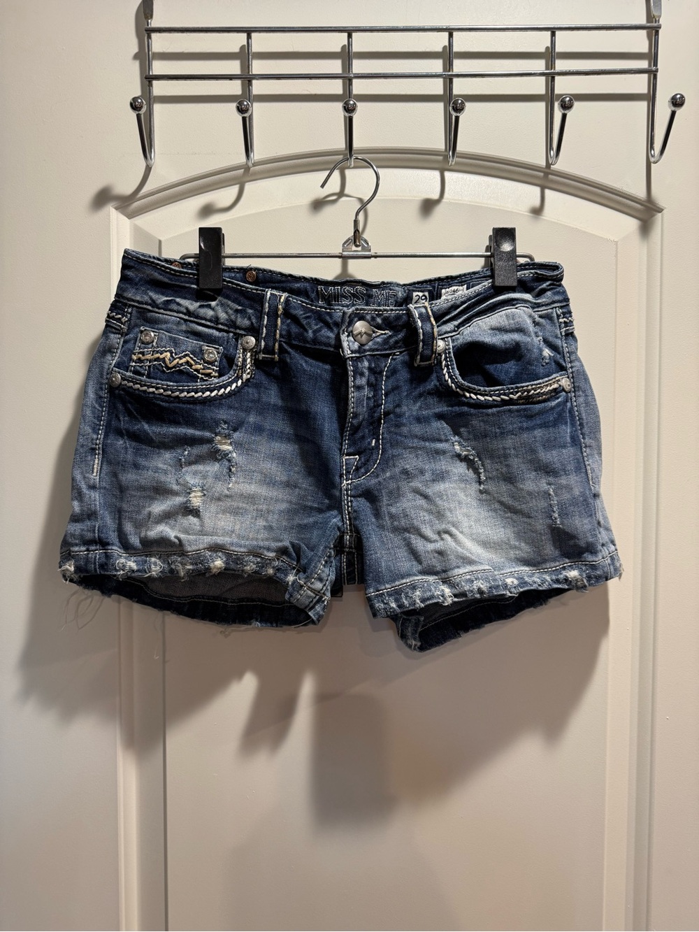 Miss Me Medium Wash Distressed Denim Shorts with Embellished Pockets